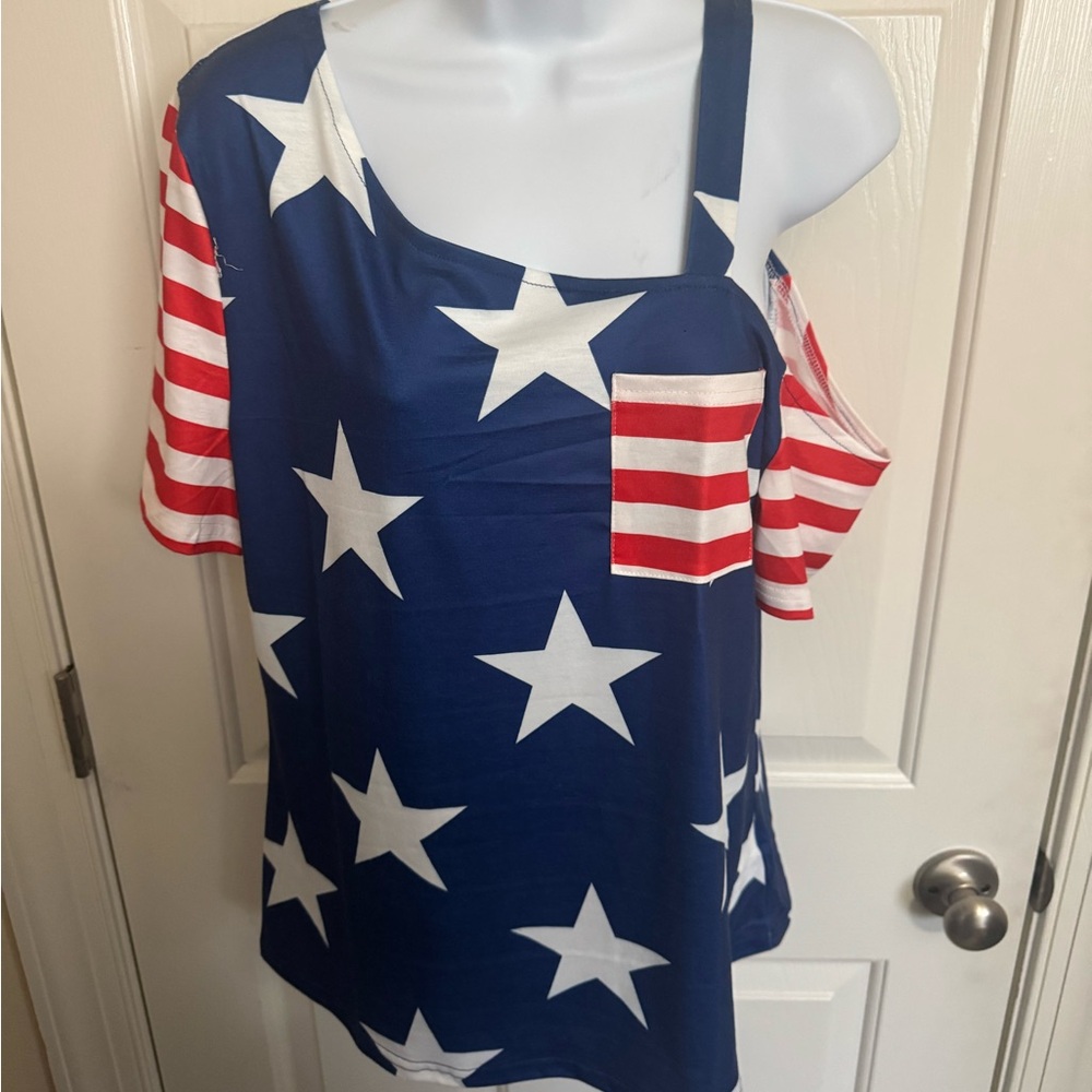 Fashion Off Shoulder Americana USA Patriotic 4th Shirt Top Star Stripes NWOT
